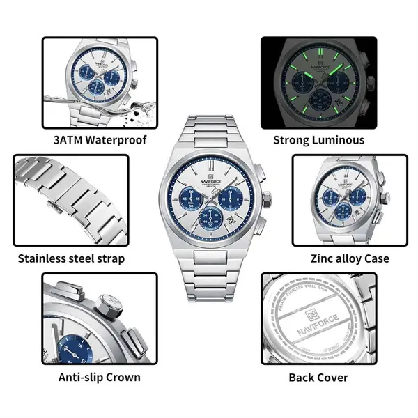 Naviforce NF8048 High Quality Stainless Steel Chronograph Classic Stylish Couple's Watch – Dial Color: Blue, Strap Color: White – View 6